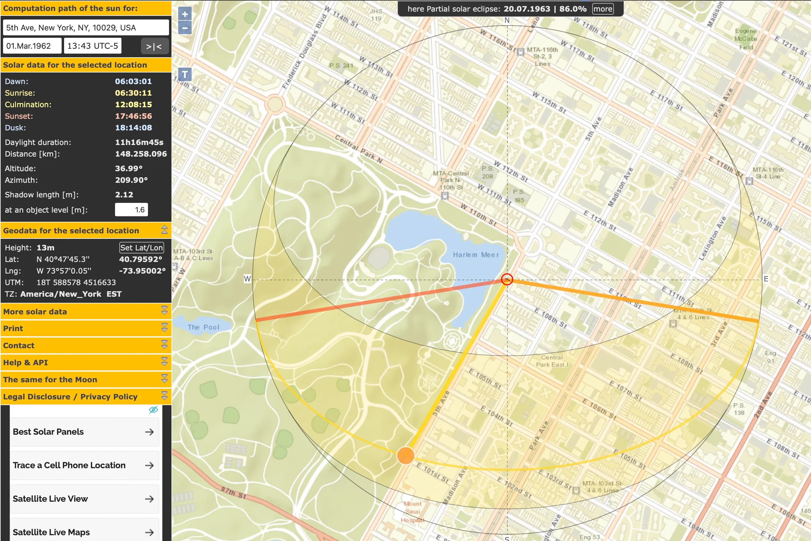New York, 1962, SunCalc